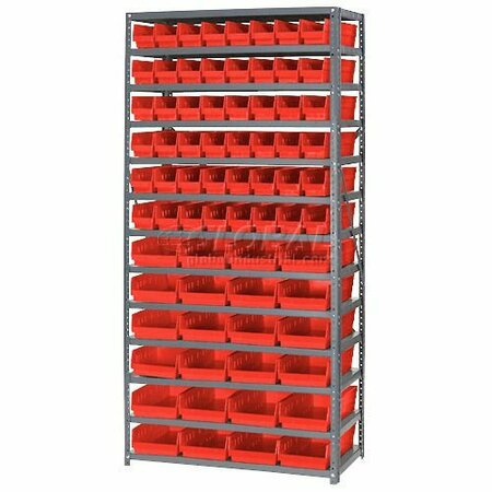 GLOBAL INDUSTRIAL Steel Shelving with Total 72 4inH Plastic Shelf Bins Red, 36x18x72-13 Shelves 603446RD